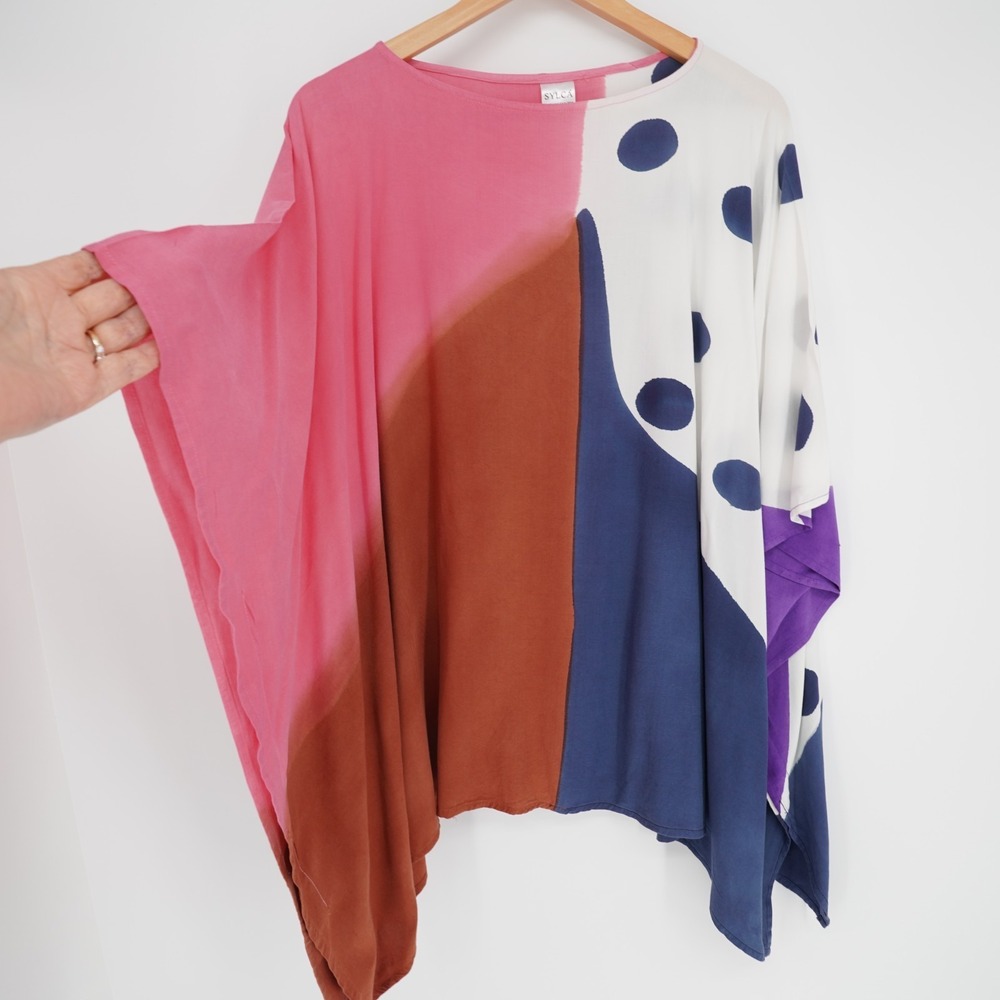 Sylca Handpainted Art to Wear Tunic Top Women OS Thailand Abstract Flowy Batwing